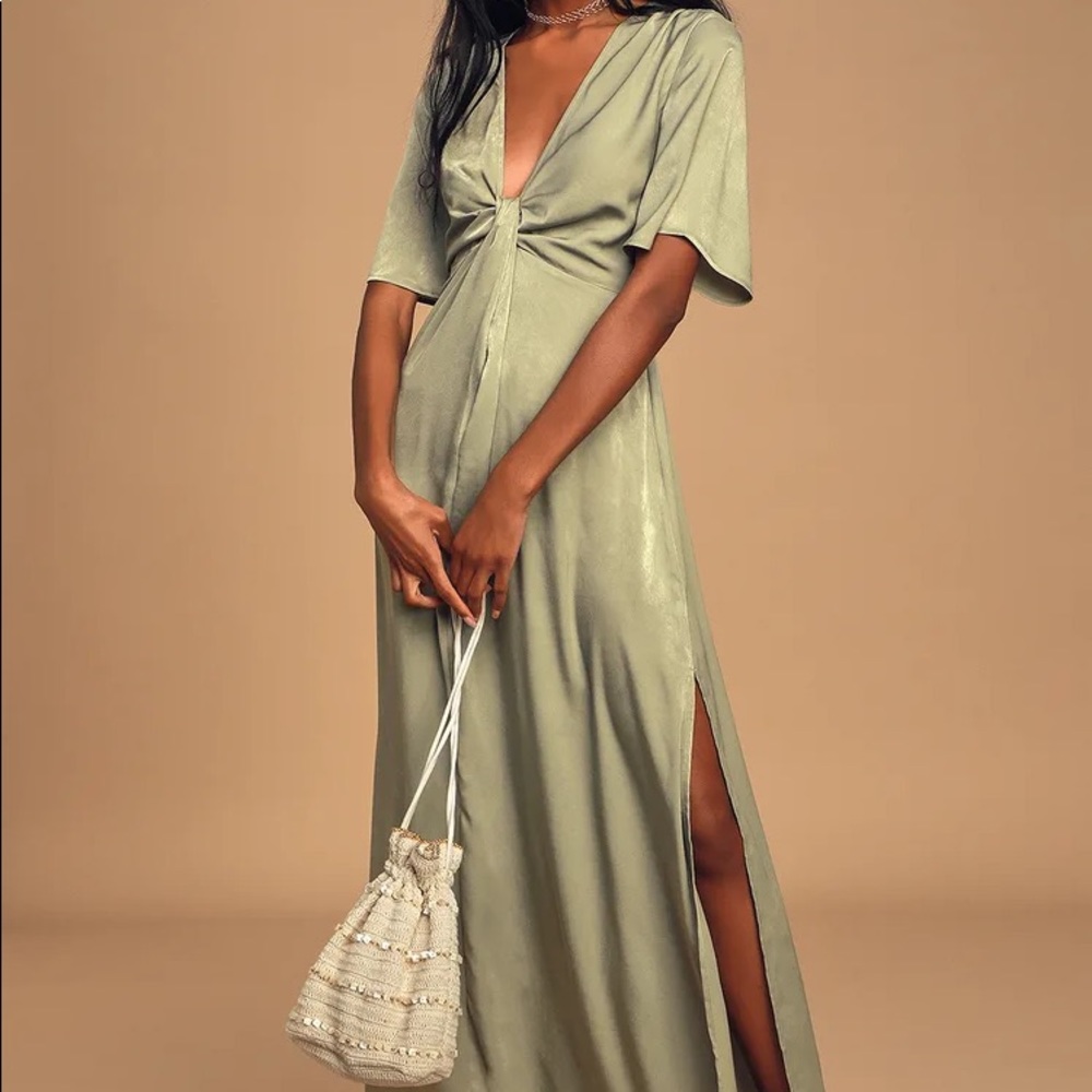Lulus Here to Stun Sage Green Satin Twist-Front Maxi Dress